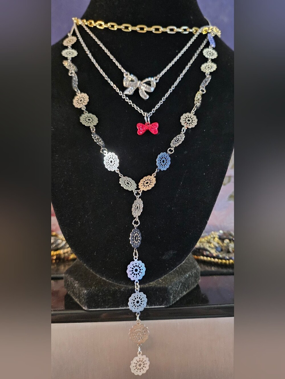 4 Necklace Set Filigree Y-Style, Red Bow With Accents, Silver Bow, Gold Tone